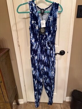bobeau Blue and White Tie-Dye Wrap Jumpsuit